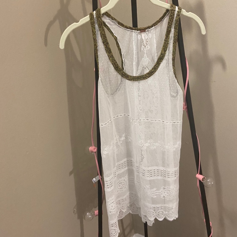 FP Vintage White Lace Pool Dress with Green Stitch